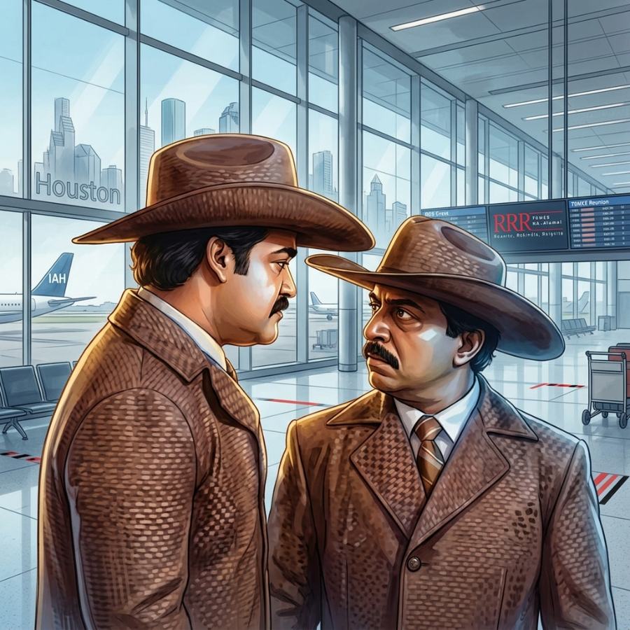 Two men in cowboy hats sizing each other up at the arrivals hall