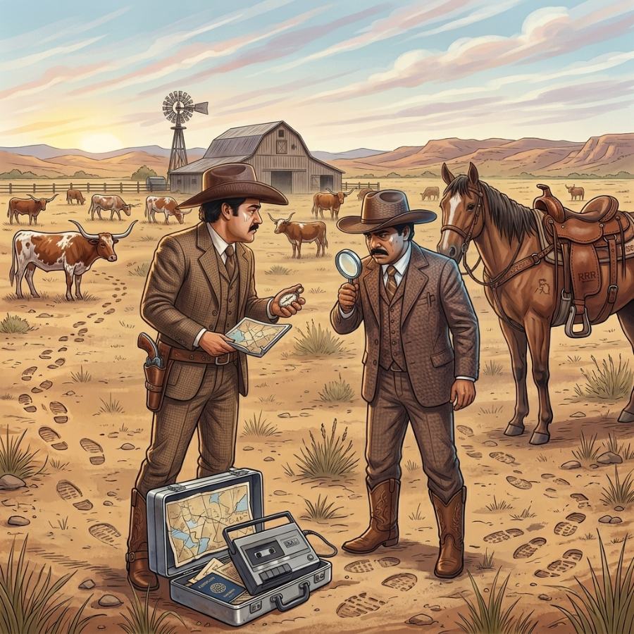 Two detectives examining tracks on a Texas ranch